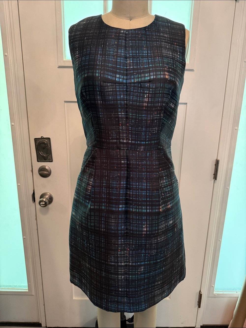 Milly Sleeveless Blue Plaid Sheath "Coco" Dress with pockets 2
